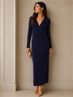 SHIBEVER  XL Elegant Navy Long-Sleeve texture striped midi / long Dress